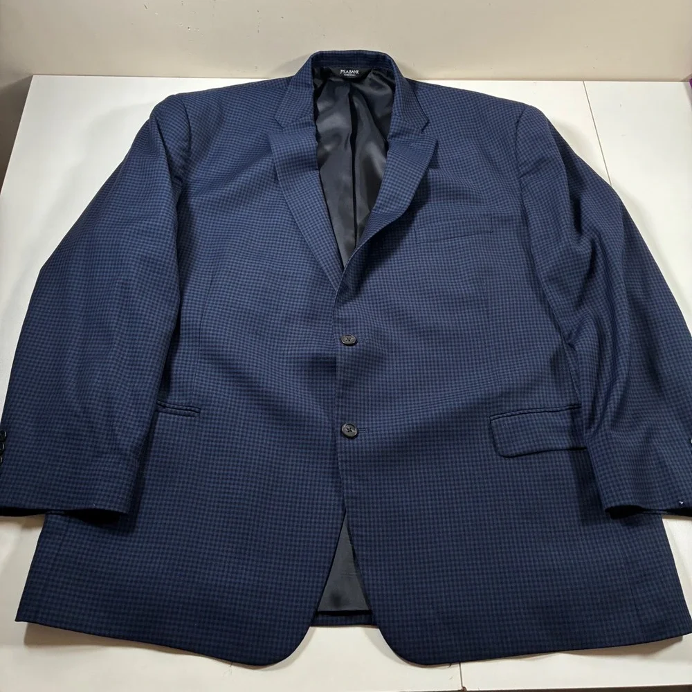 Jos A Bank Sport Coat 52L Blue Houndstooth 100% Wool Traditional Modern Blazer